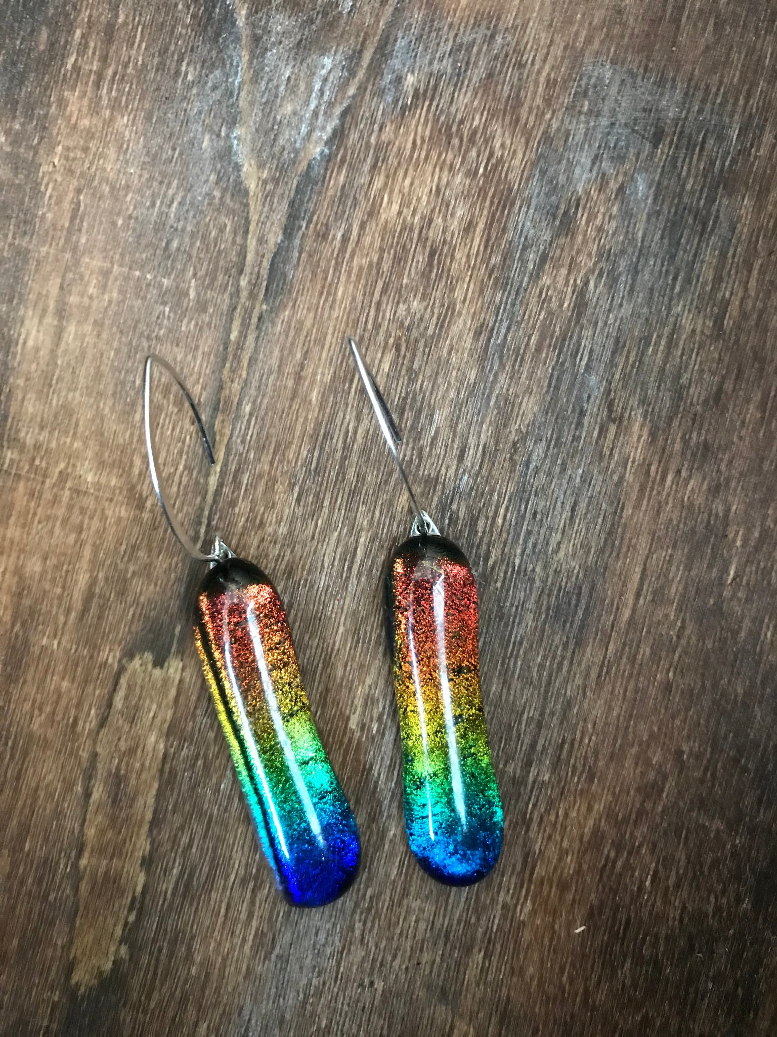 Rainbow Dichroic Etched Wave Fused Glass Earrings